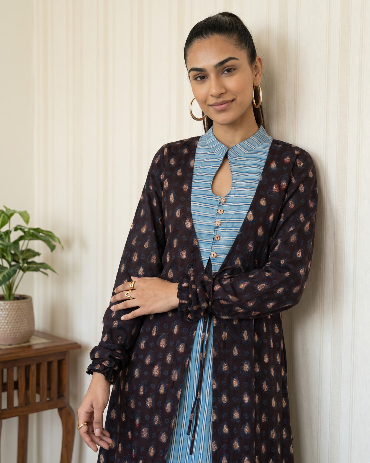 Blue Hand Block Printed Long Jacket Co-Ord Set