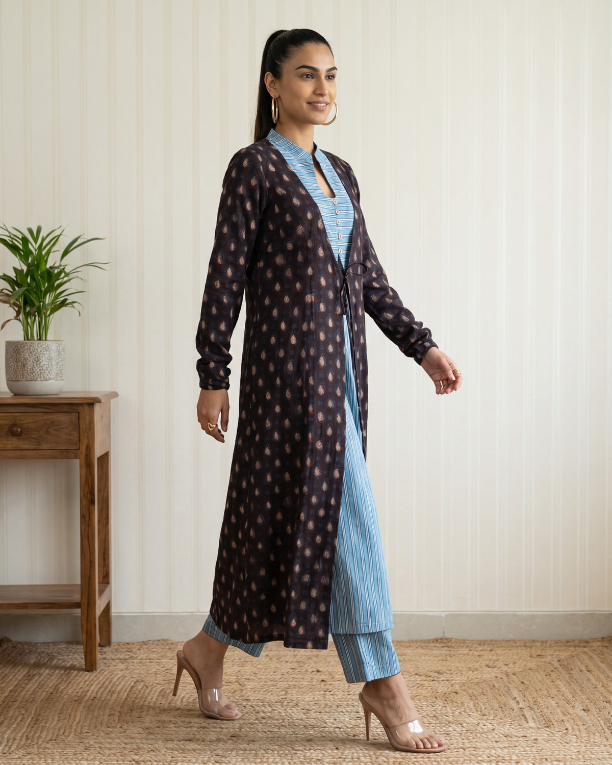 Blue Hand Block Printed Long Jacket Co-Ord Set