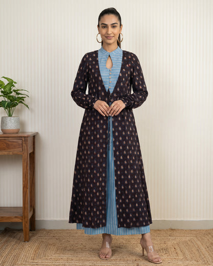 Blue Hand Block Printed Long Jacket Co-Ord Set