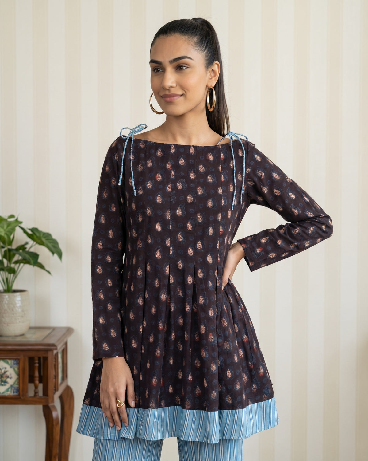Blue Floral Block Printed Cotton Kurta & Straight Pants