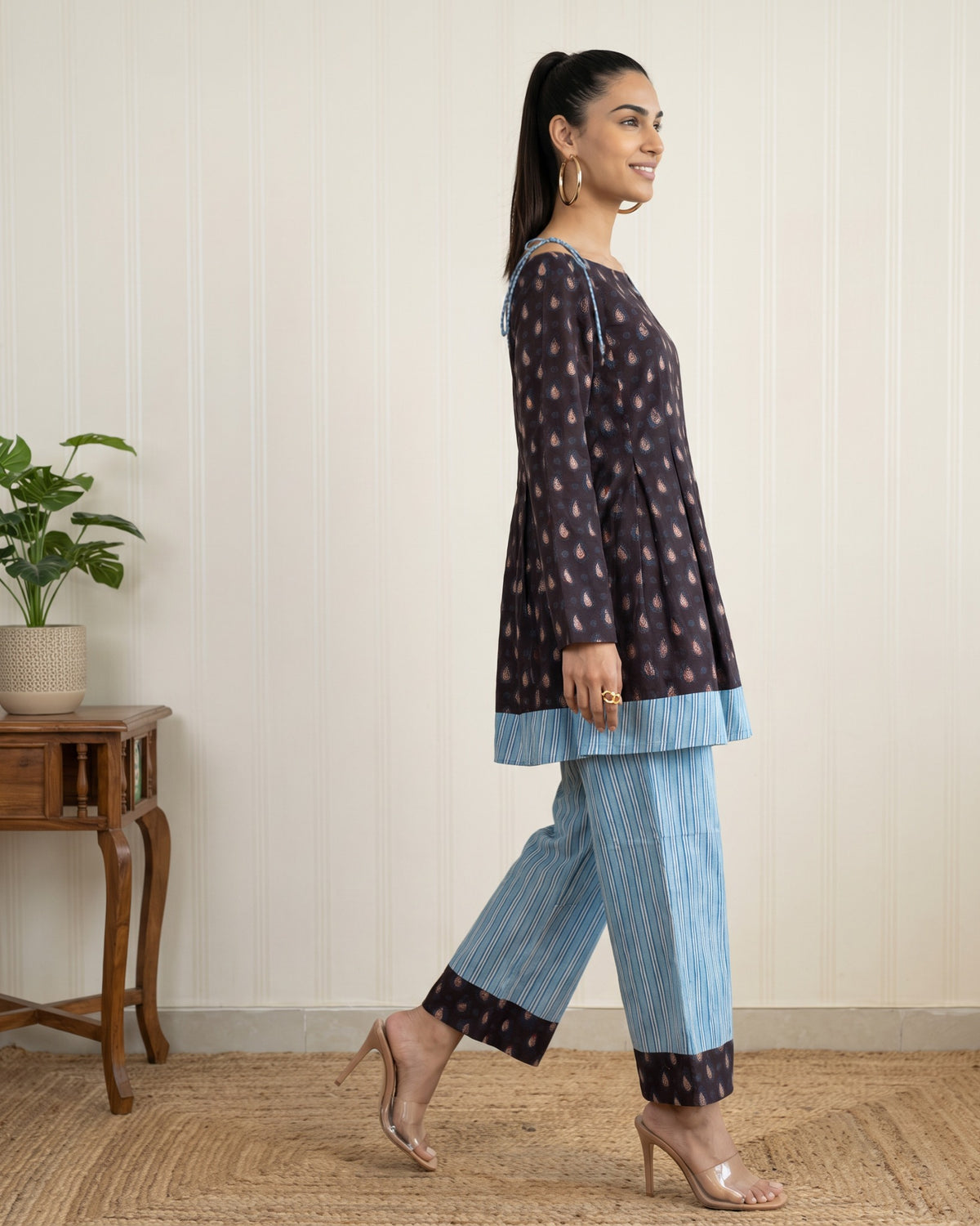 Blue Floral Block Printed Cotton Kurta & Straight Pants