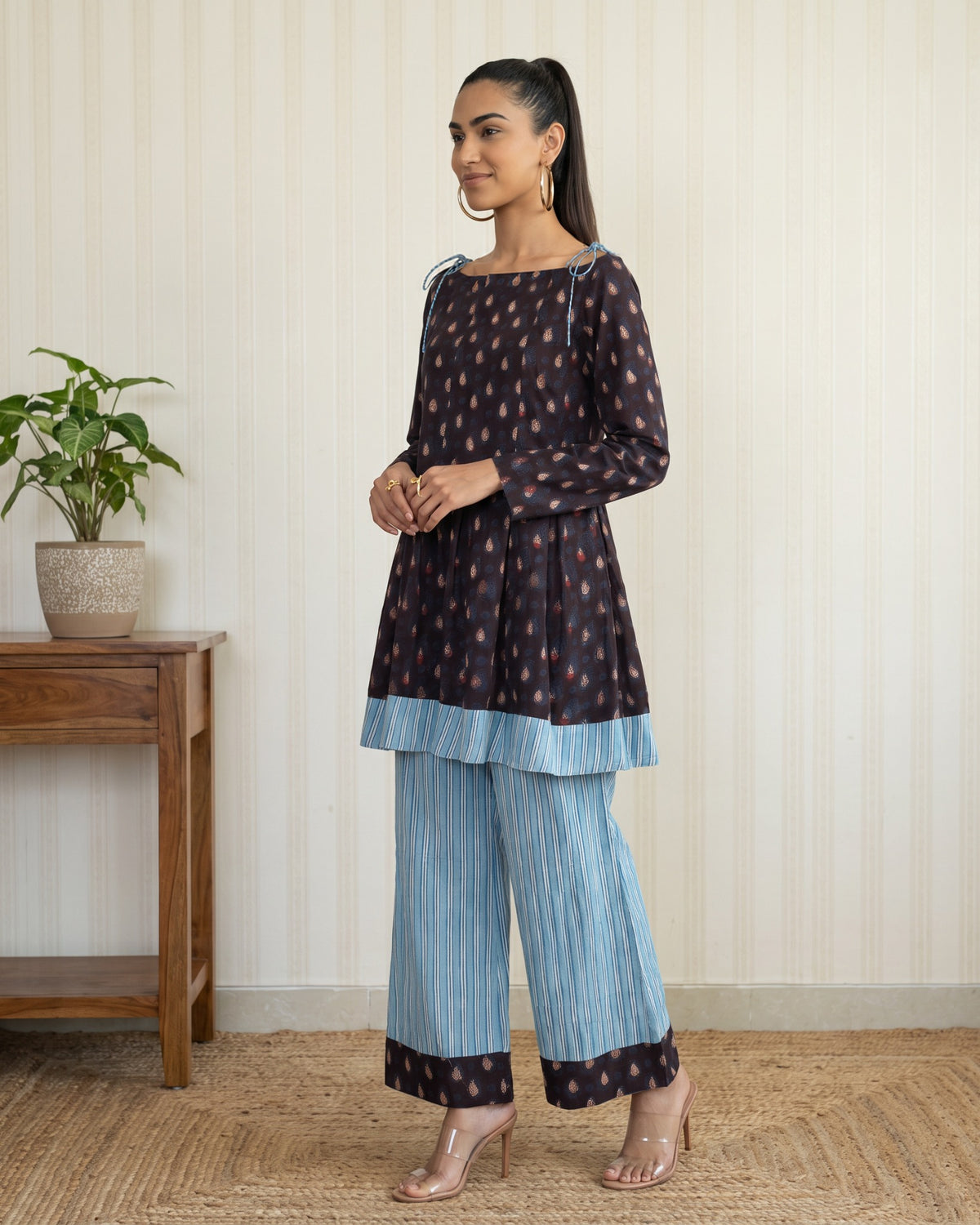 Blue Floral Block Printed Cotton Kurta & Straight Pants