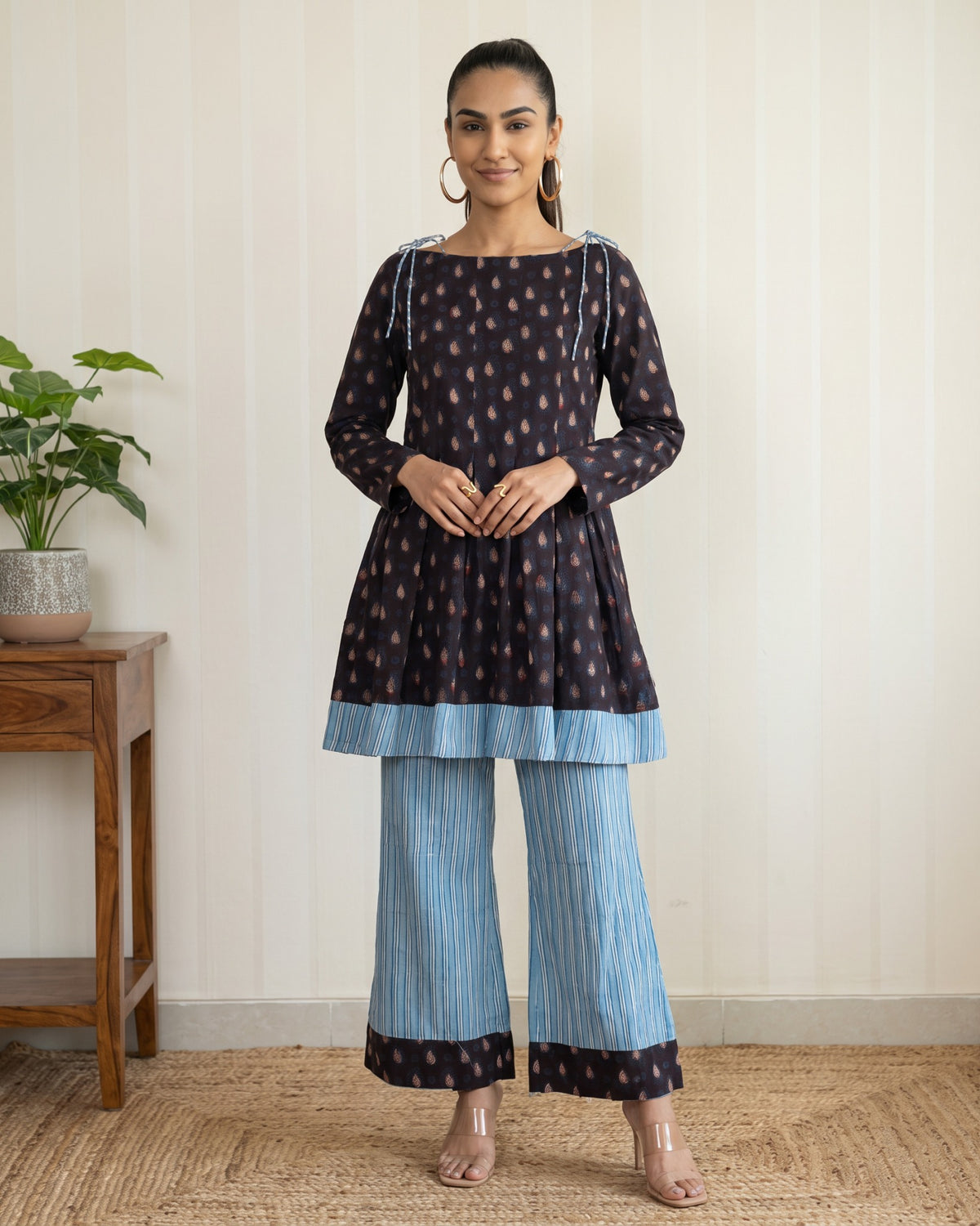 Blue Floral Block Printed Cotton Kurta & Straight Pants