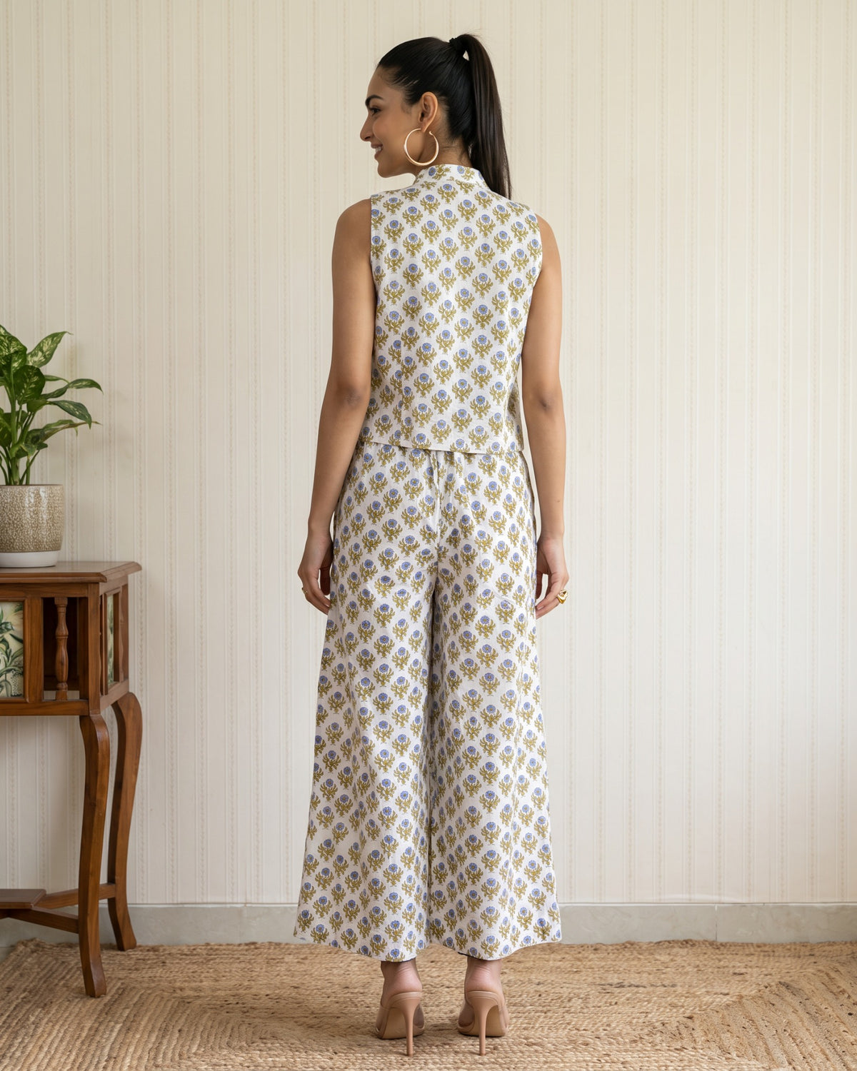 Green & Blue Printed Long Jacket Co-Ord Set
