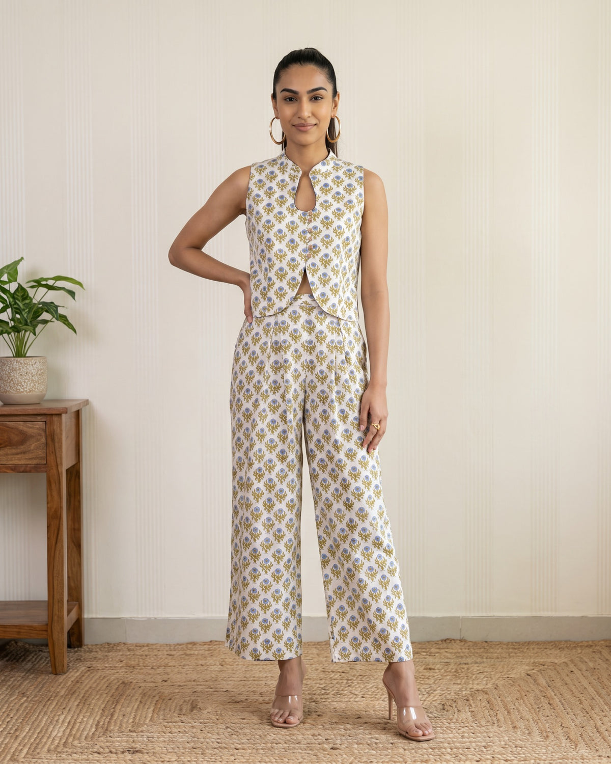 Green & Blue Printed Long Jacket Co-Ord Set