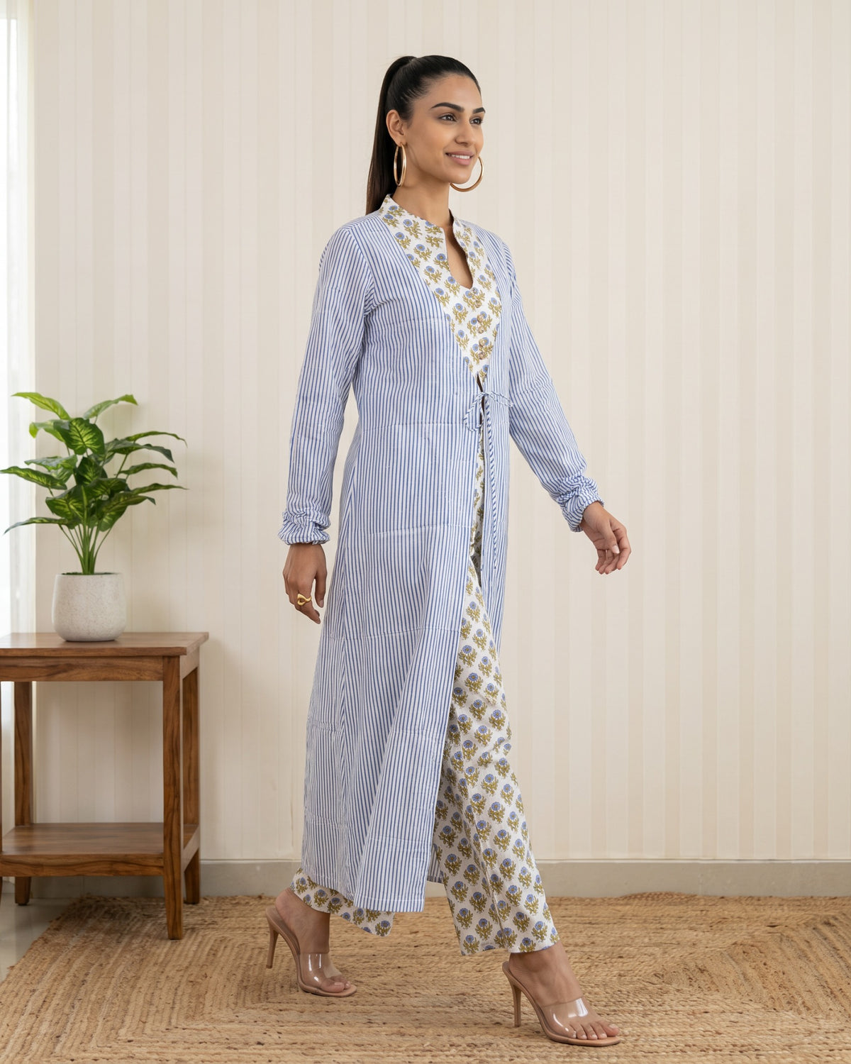 Green & Blue Printed Long Jacket Co-Ord Set