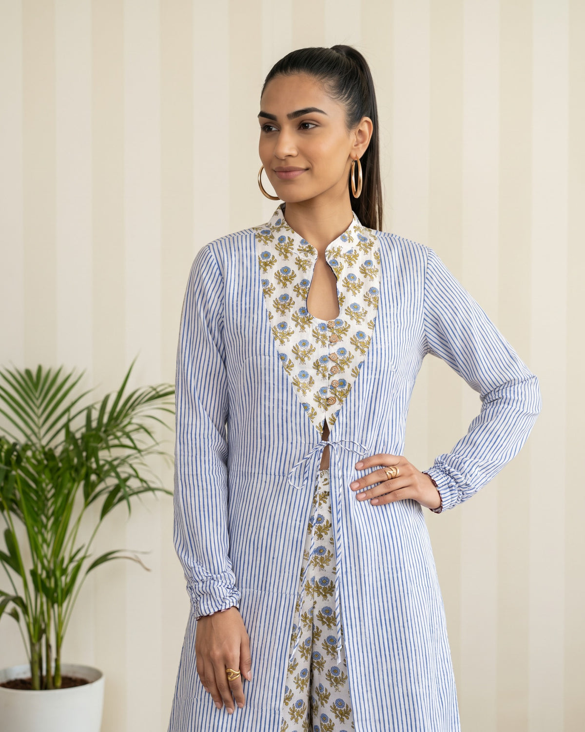 Green & Blue Printed Long Jacket Co-Ord Set