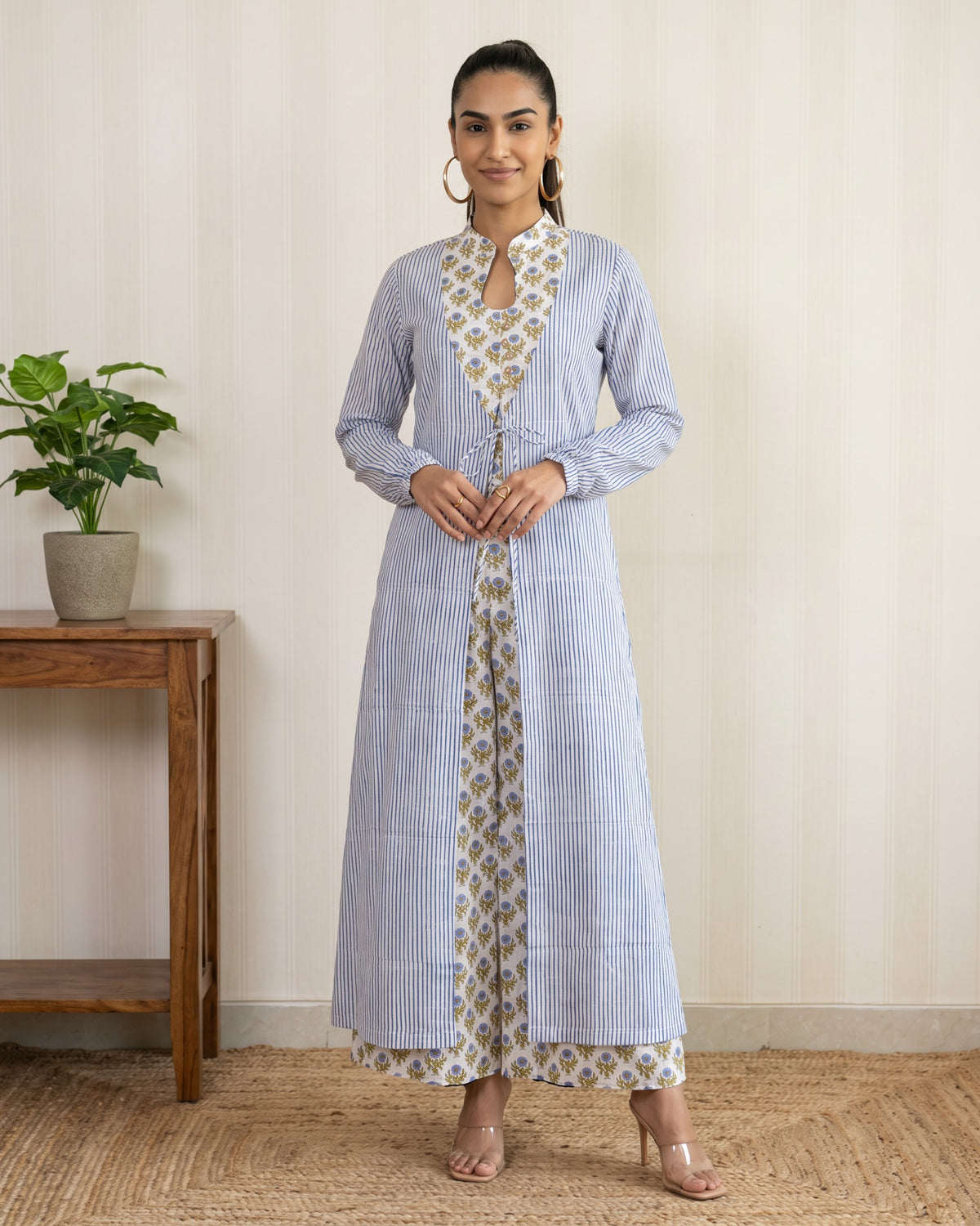 Green & Blue Printed Long Jacket Co-Ord Set
