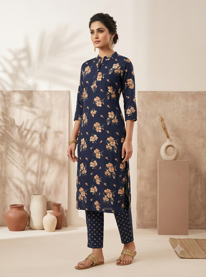 Navy Blue Floral Print Kurta Set