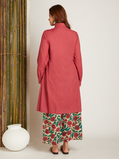 Box Pleated Solid Neck Kurta with Block Printed Palazzo