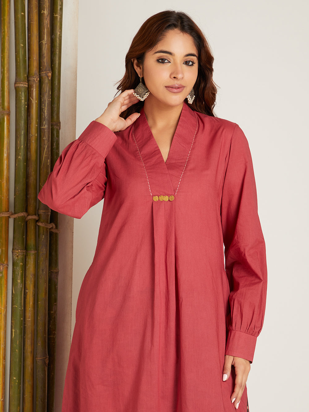 Box Pleated Solid Neck Kurta with Block Printed Palazzo