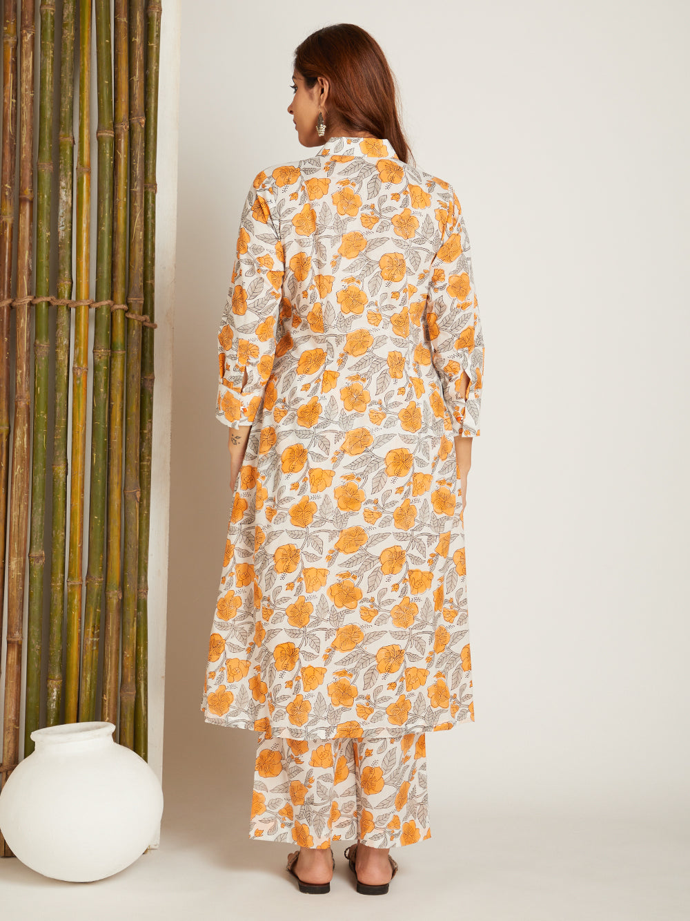 Mustard Yellow Block Printed Cotton Kurta with Flat Collar Neck