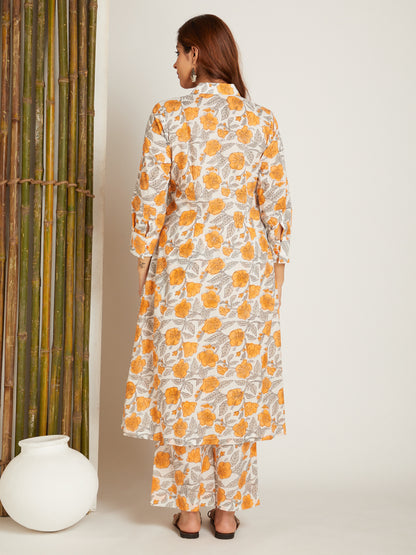 Mustard Yellow Block Printed Cotton Kurta with Flat Collar Neck