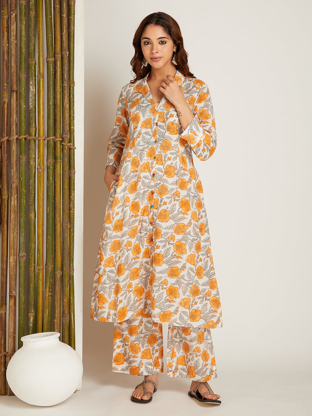 Mustard Yellow Block Printed Cotton Kurta with Flat Collar Neck