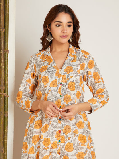 Mustard Yellow Block Printed Cotton Kurta with Flat Collar Neck