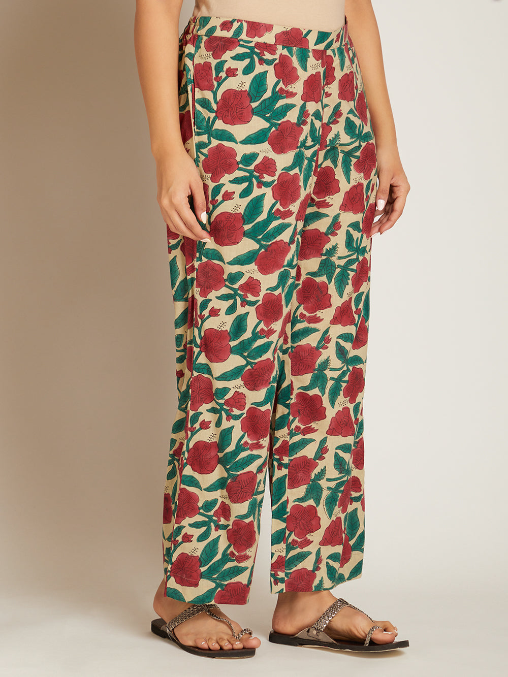 Bottle Green Block Printed Cotton Pants