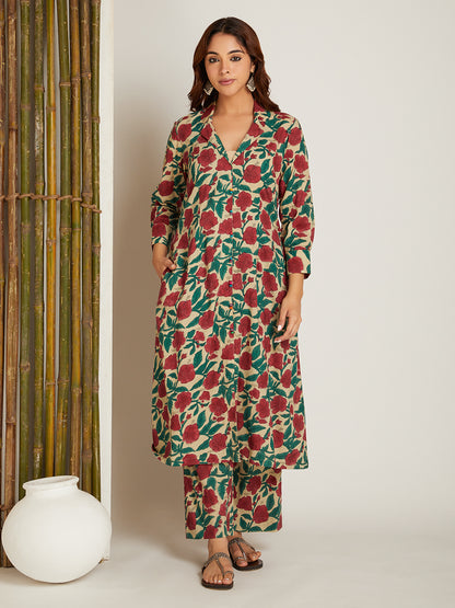 Bottle Green Block Printed Kurta with Pants