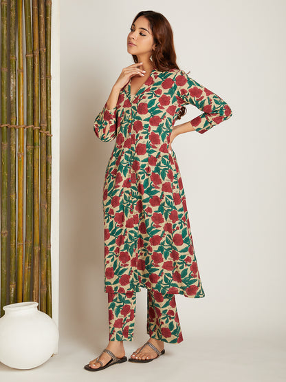 Bottle Green Block Printed Kurta with Pants