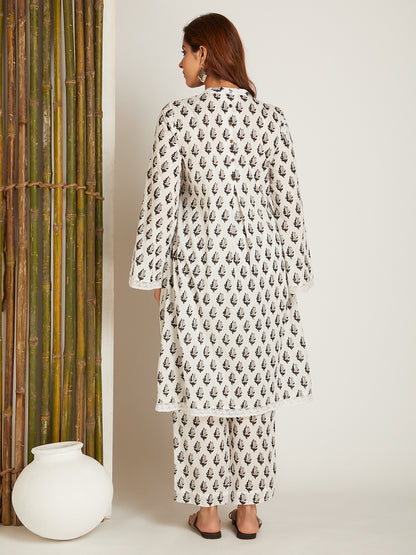 Black Block Printed A-Line High & Low Hem Kurta with Lace Detailing