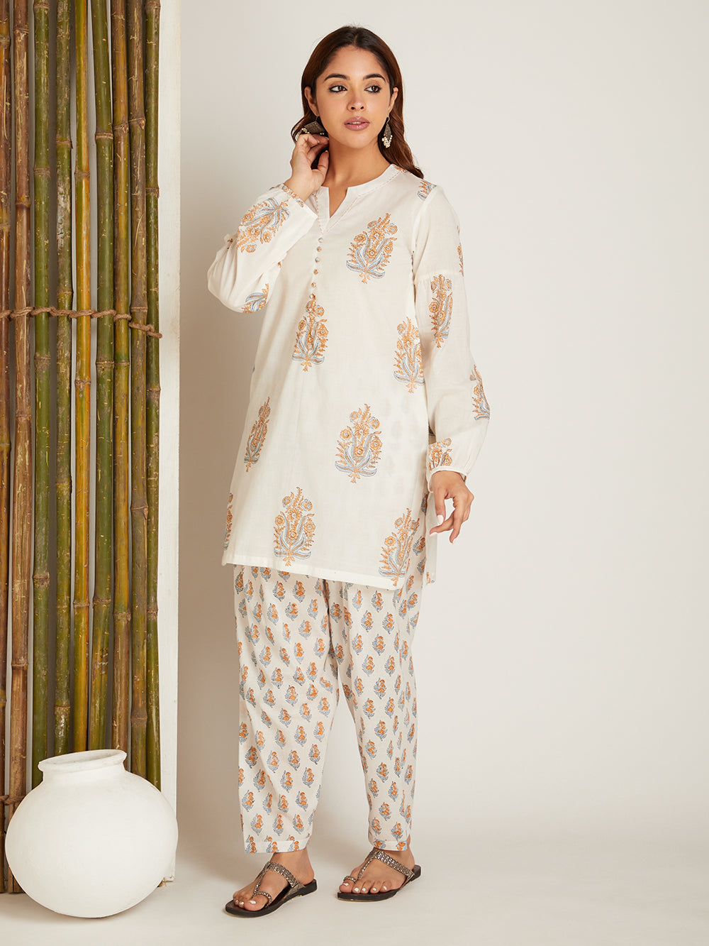 Mustard Yellow Block Printed Kurta with Salwar