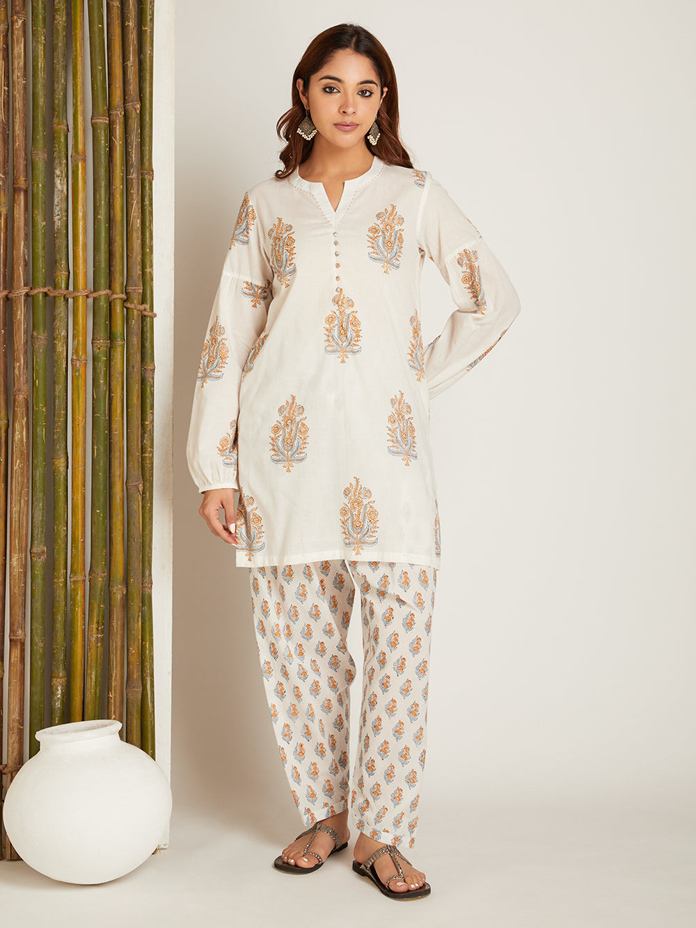 Mustard Yellow Cotton Block Printed Kurta