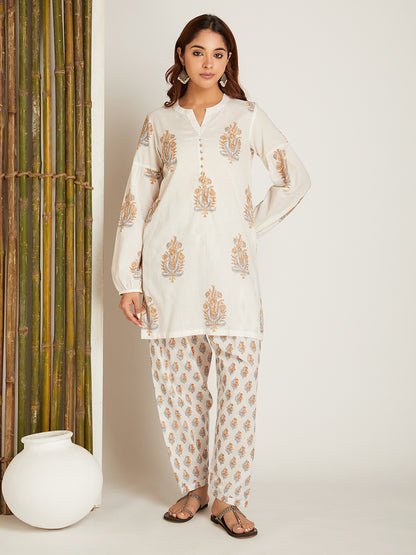 Mustard Yellow Cotton Block Printed Kurta