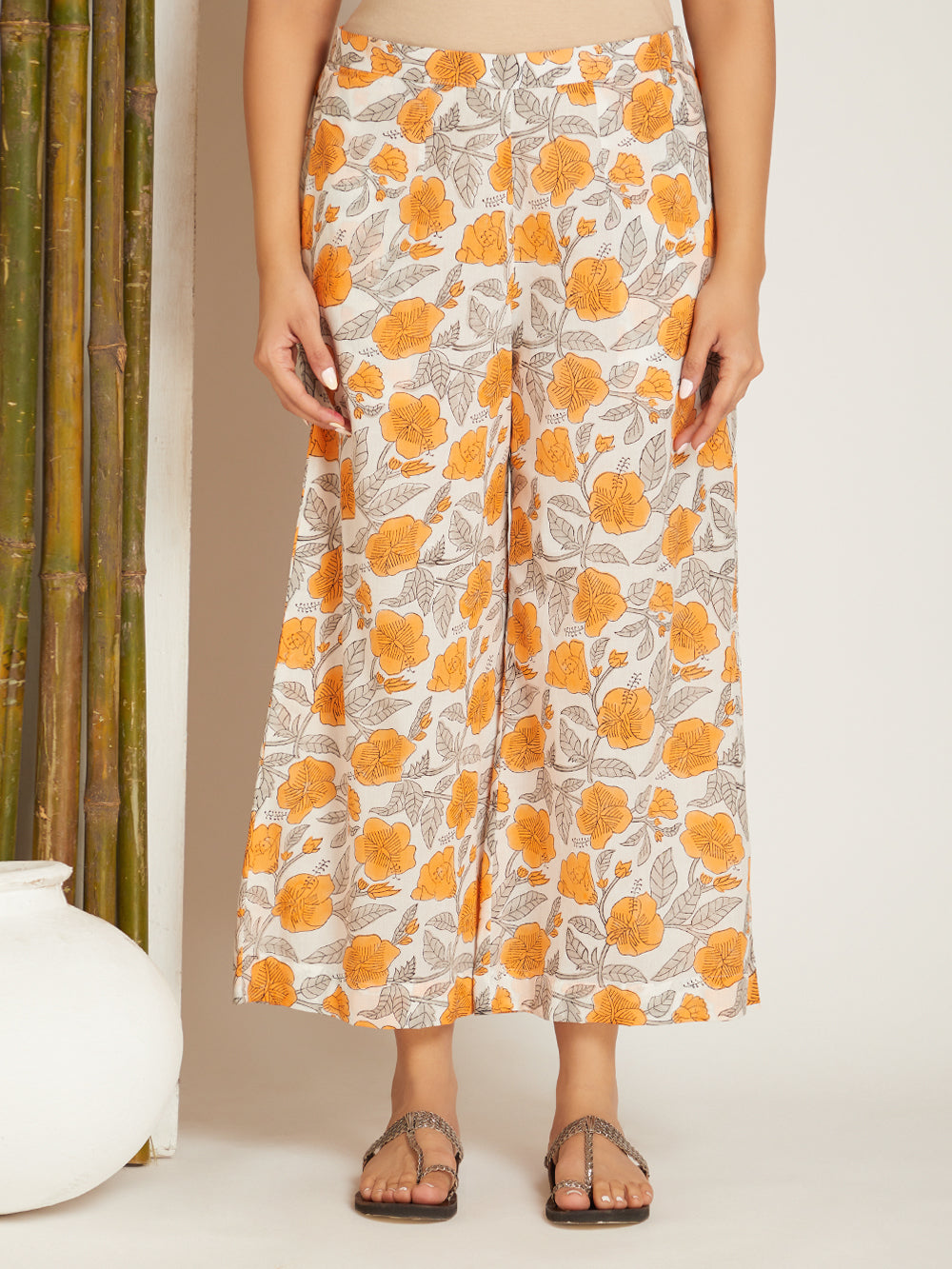 Box Pleated Neck Kurta with Block Printed Palazzo