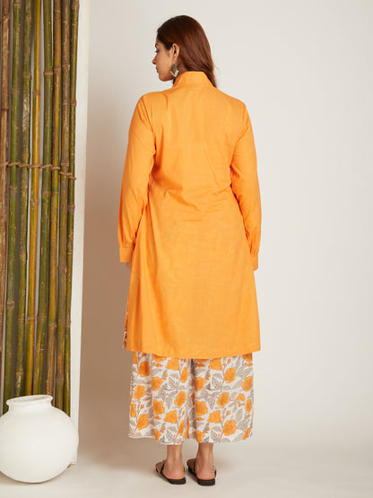 Box Pleated Neck Kurta with Block Printed Palazzo