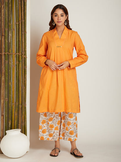 Box Pleated Neck Kurta with Block Printed Palazzo