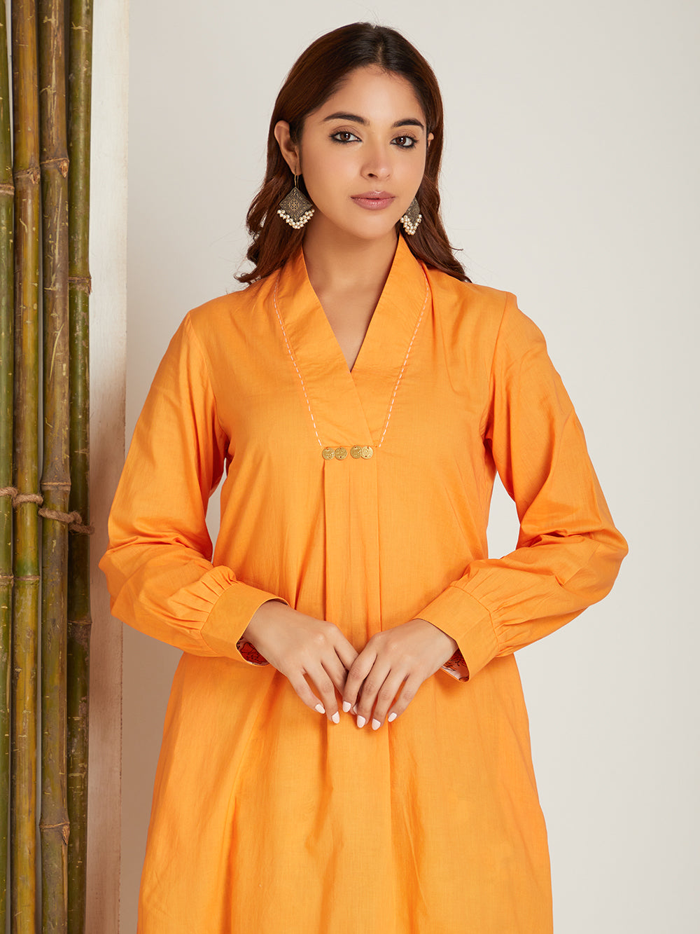 Box Pleated Neck Cotton Solid Kurta
