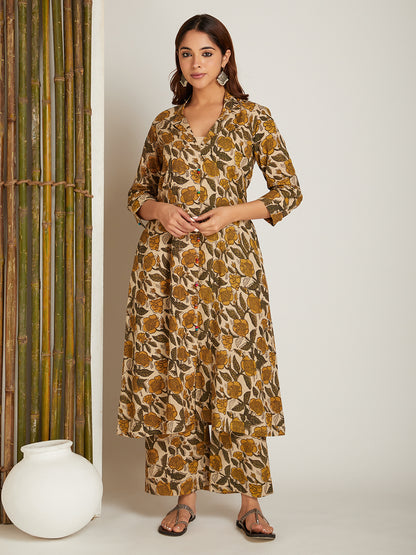 Brown Cotton Block Printed Kurta with Flat Collar Neck