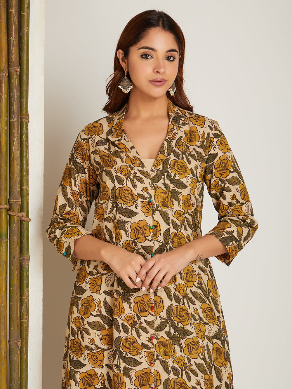 Brown Cotton Block Printed Kurta with Flat Collar Neck
