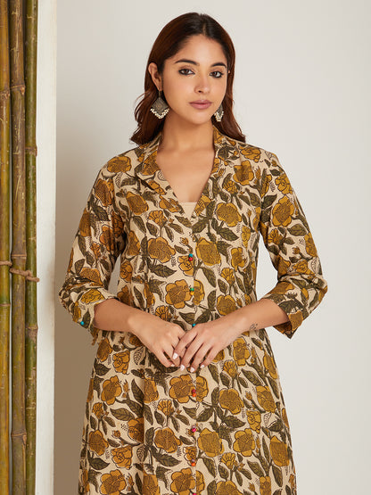 Brown Cotton Block Printed Kurta with Flat Collar Neck