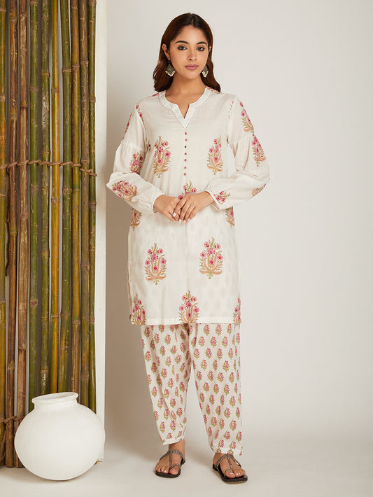 Off White Block Printed Kurta with Salwar