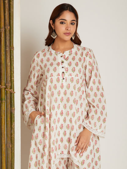 Magenta Block Printed A-Line High & Low Hem Kurta with Lace Detailing