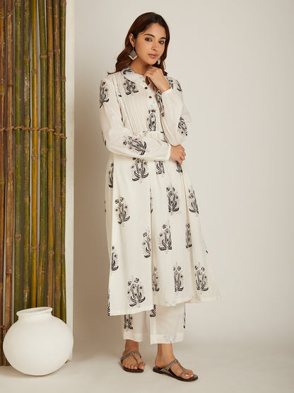 Block Printed A-line Kurta & Pant with Pintuck Detailing