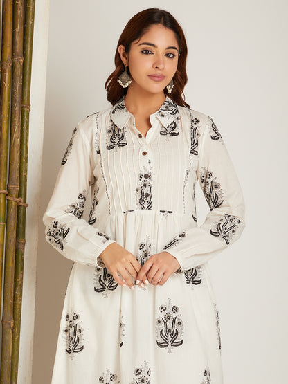Block Printed A-line Kurta & Pant with Pintuck Detailing