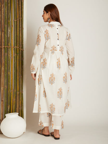 Block Printed A-line Kurta & Pant with Pintuck Detailing