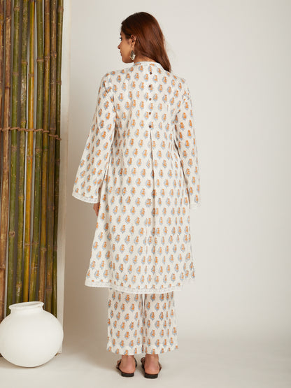 Multi Block Printed A-Line High & Low Hem Kurta with Lace Detailing