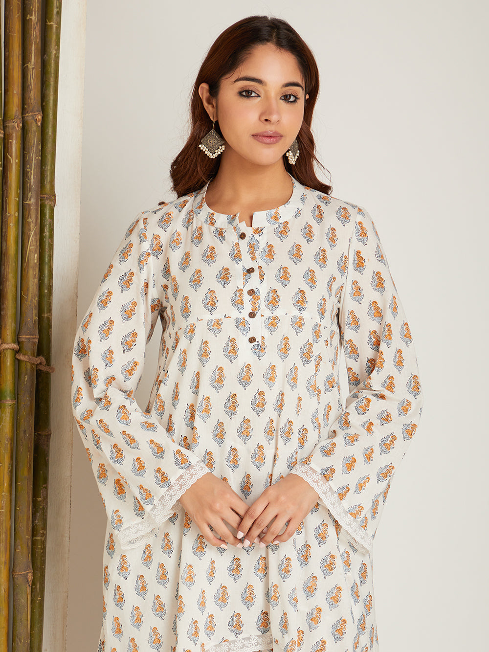 Multi Block Printed A-Line High & Low Hem Kurta with Lace Detailing