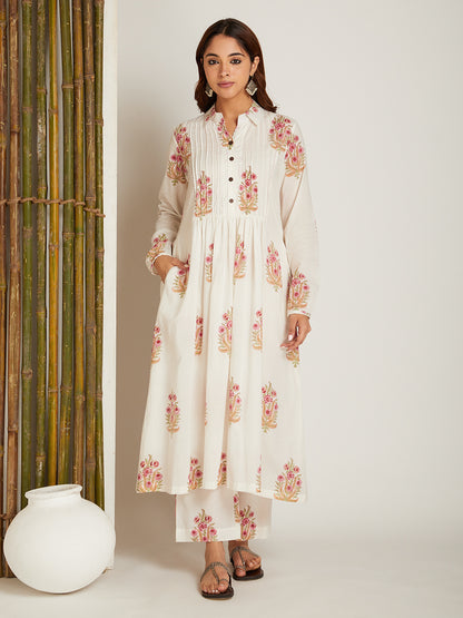 Block Printed A-line Kurta with Pintuck Detailing