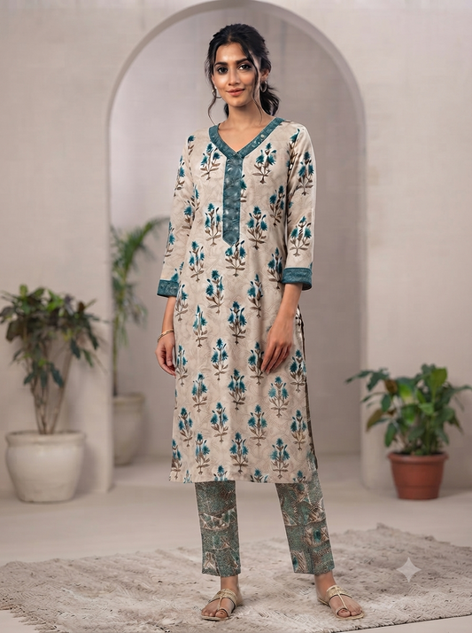 A woman modeling a beige printed kurta set with teal green accents, consisting of a long-sleeve kurta and matching pants, standing in a styled indoor setting with arches and potted plants.
