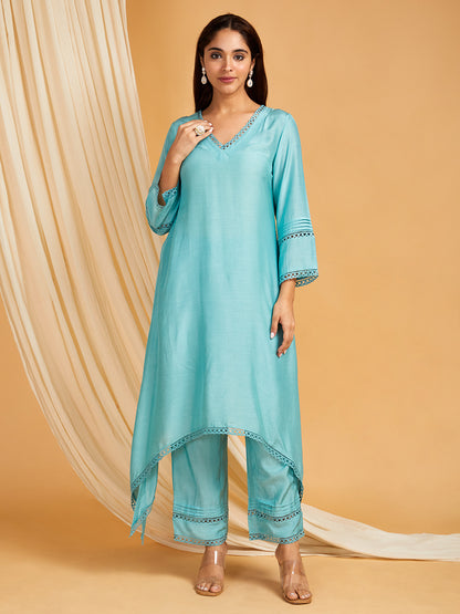 Sky Blue Lace Work Cotton Silk Kurta with Pants -Set of 2