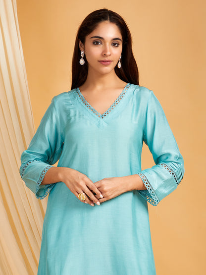 Sky Blue Lace Work Cotton Silk Kurta with Pants -Set of 2