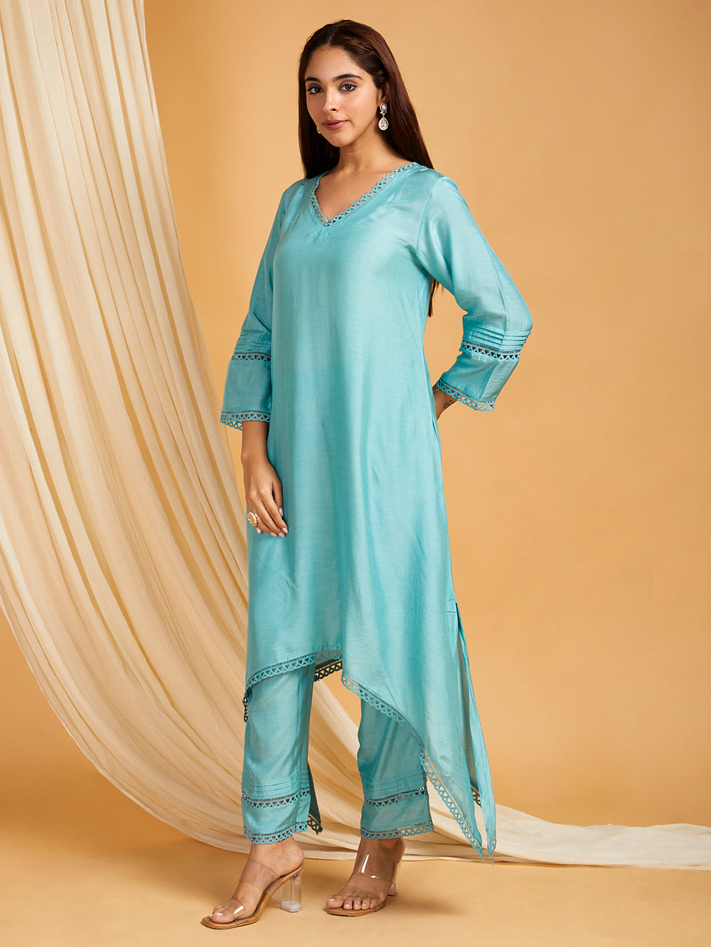 Sky Blue Lace Work Cotton Silk Kurta with Pants -Set of 2