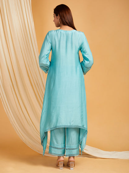 Sky Blue Lace Work Cotton Silk Kurta with Pants -Set of 2
