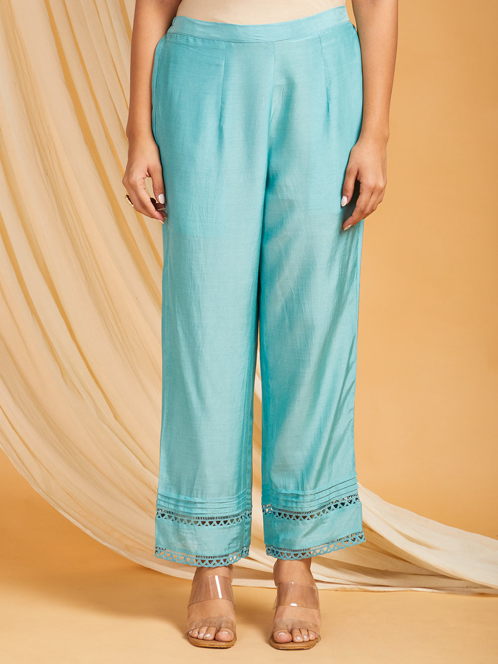 Sky Blue Lace Work Cotton Silk Kurta with Pants -Set of 2