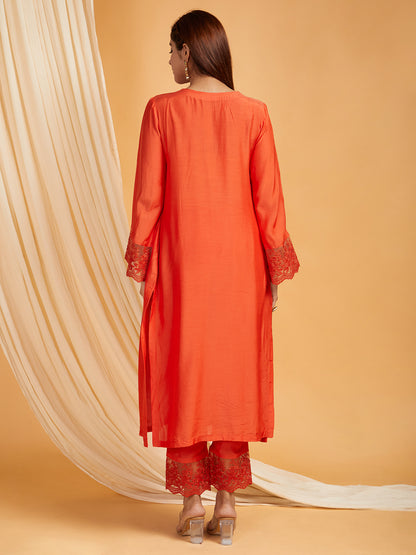 Red Cotton Silk Lace work Kurta with Pants-  Set of 2