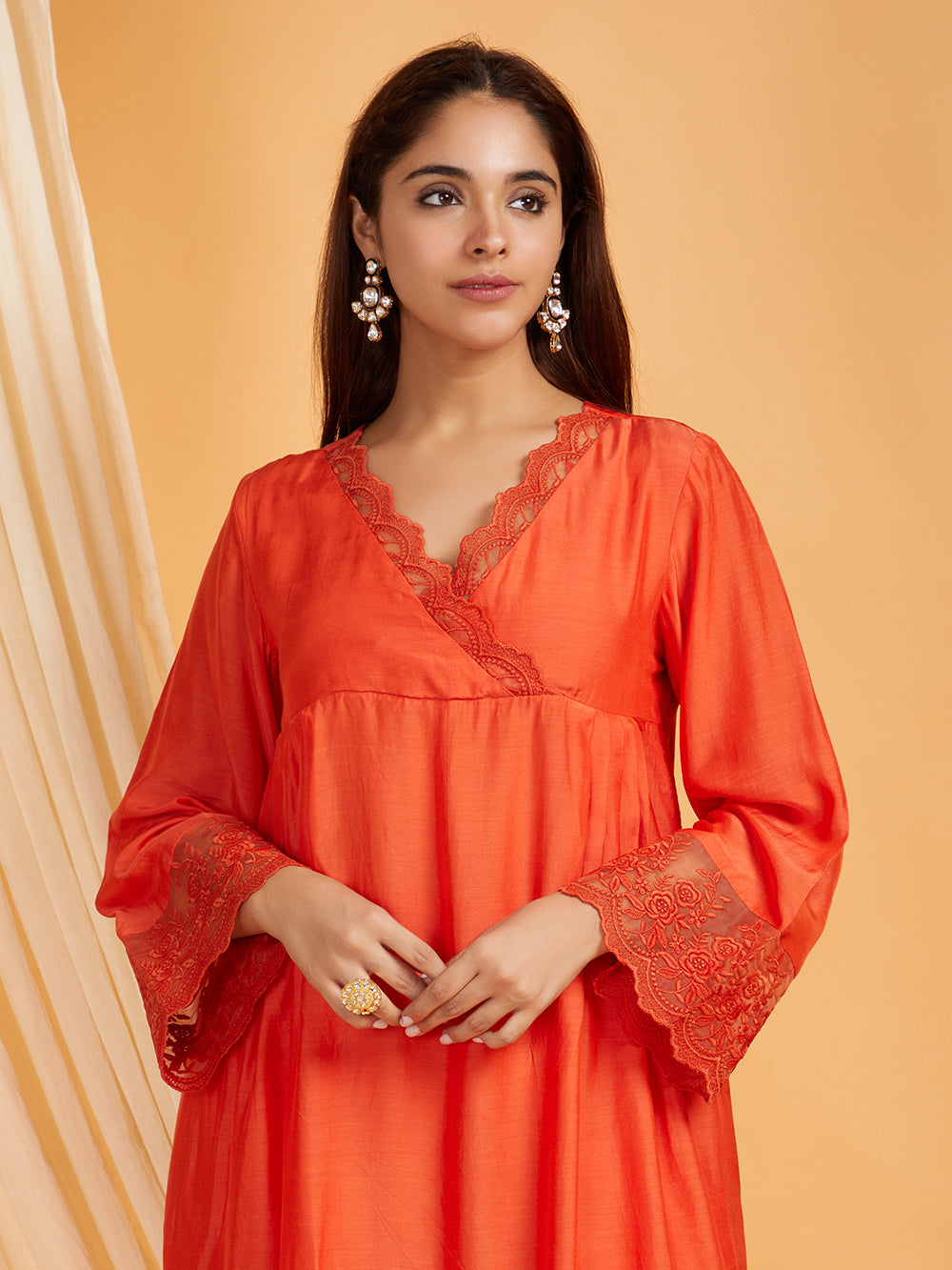 Red Cotton Silk Lace work Kurta with Pants-  Set of 2