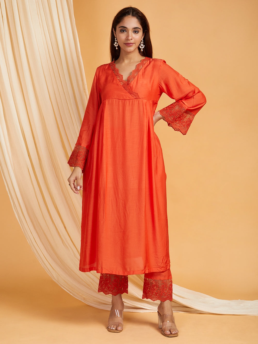 Red Cotton Silk Lace work Kurta with Pants-  Set of 2